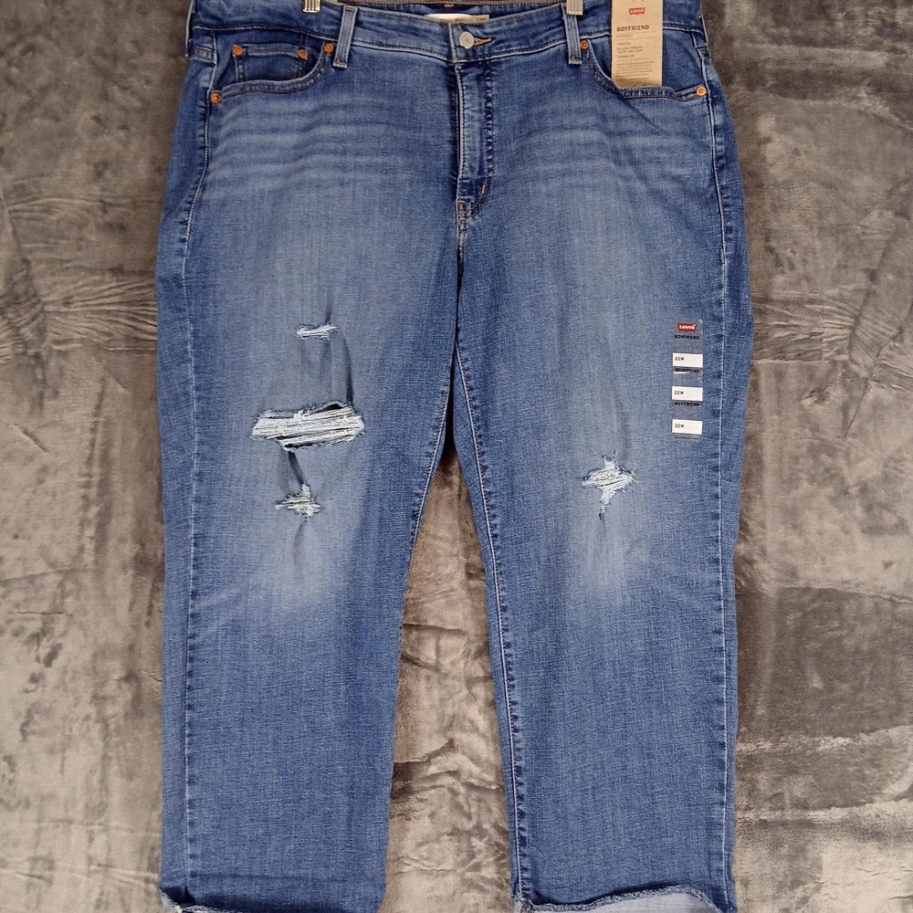 Levis Boyfriend Jeans Womens 22W Blue Distressed Ripped Denim High Rise 28944
